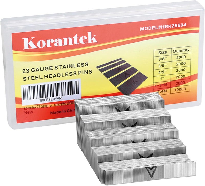 Korantek مسامير دبابيس من الفولاذ المقاوم للصدأ مقاس 23، مسامير بدون رأس (3/8"، 3/5"، 4/5"، 1"، 1-3/16") متنوعة 5 أحجام لبناء الأثاث وإطارات الصور والحرف اليدوية (10000 عبوة) - Image 1
